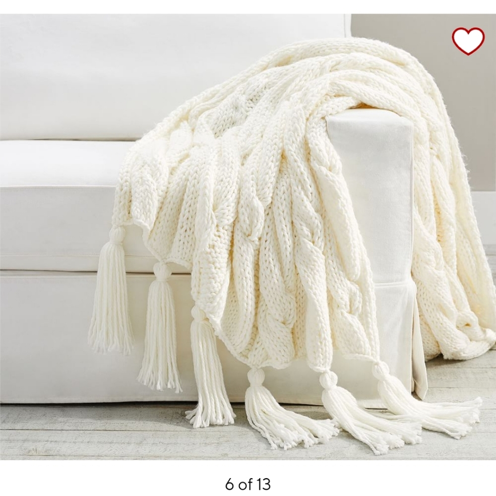 Pottery Barn Bluma Chunky Knit Tassel Throw Blanket White
